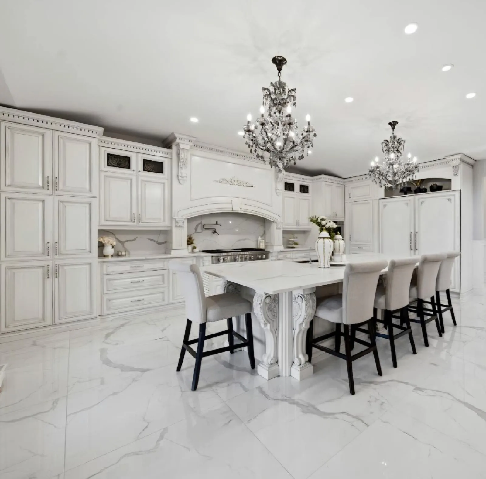 Custom white kitchen with twin crystal chandeliers, a marble island and marble floors
