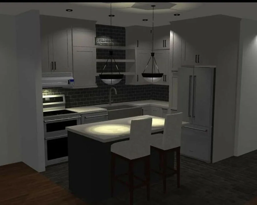 Three dimensional design perspective of a condo kitchen produced before the build starts