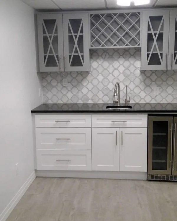 Kitchener basement bar with wine fridge and lattice wine rack
